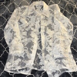 Kasper White Floral Sheer Blouse